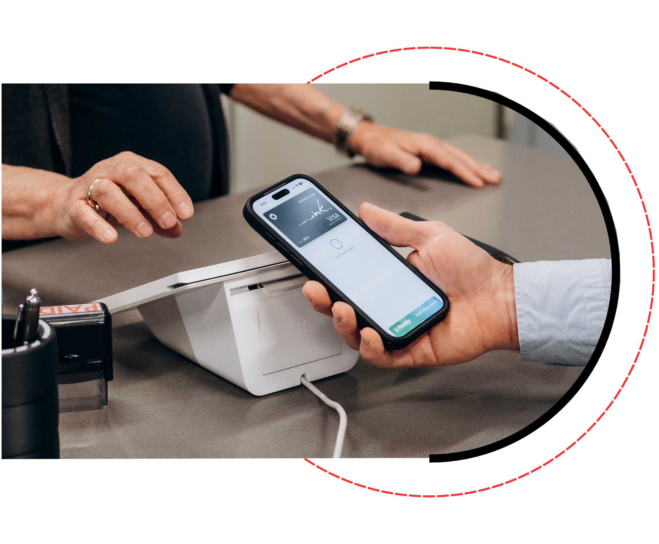 Customer tapping a phone on a payment terminal to complete a contactless transaction, illustrating a pricing option where the customer covers the card processing fee at checkout with clear, upfront pricing displayed.